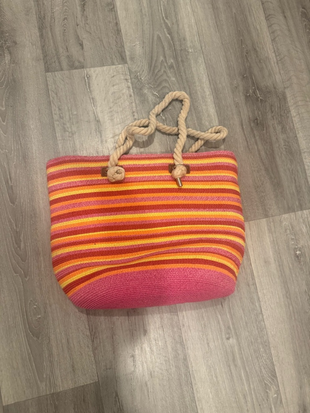 Striped Pink and Orange Rope-Handle Beach Tote